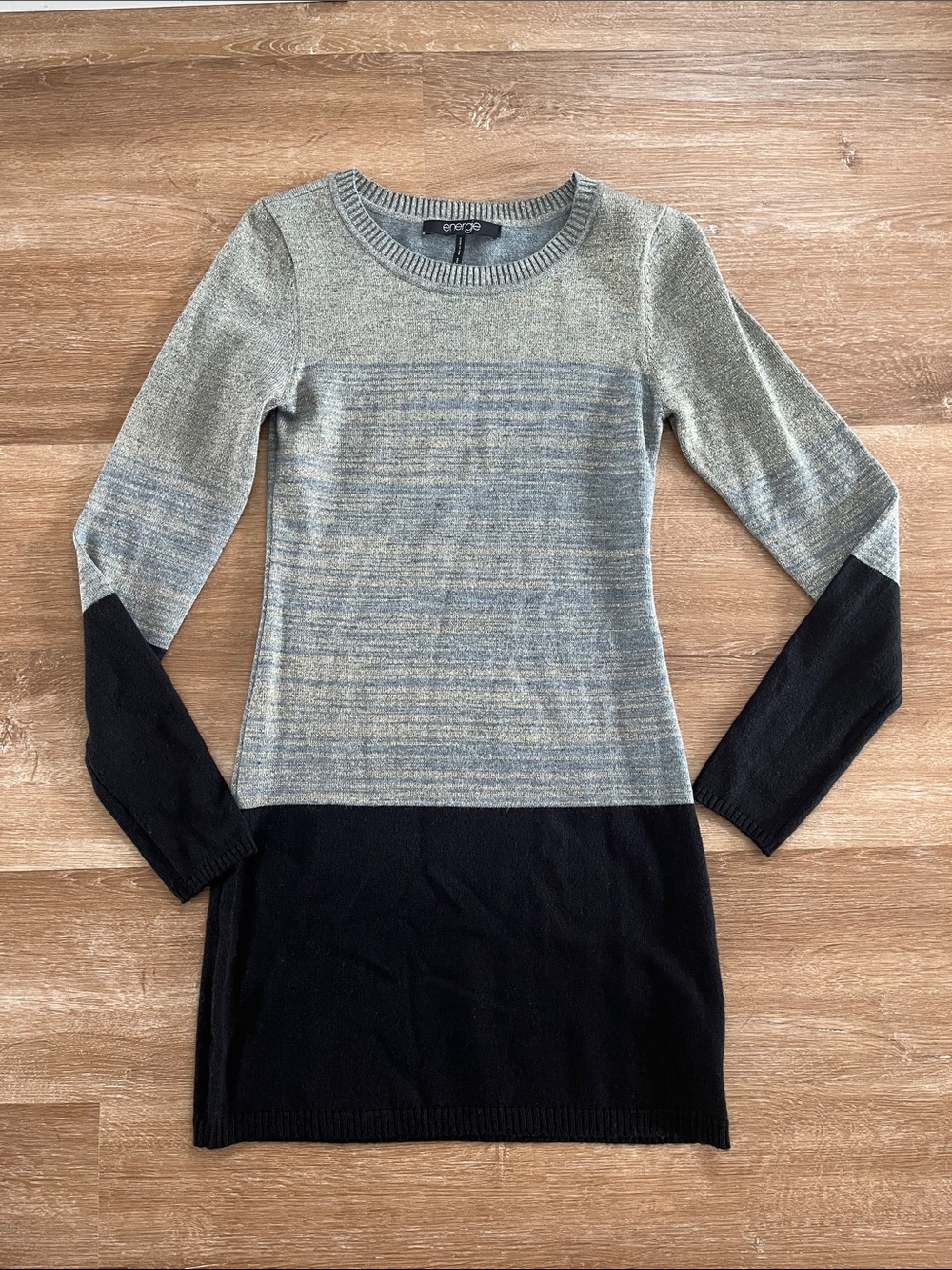 Energie Metallic Gold, Gray, and Black Knit Sweater Dress